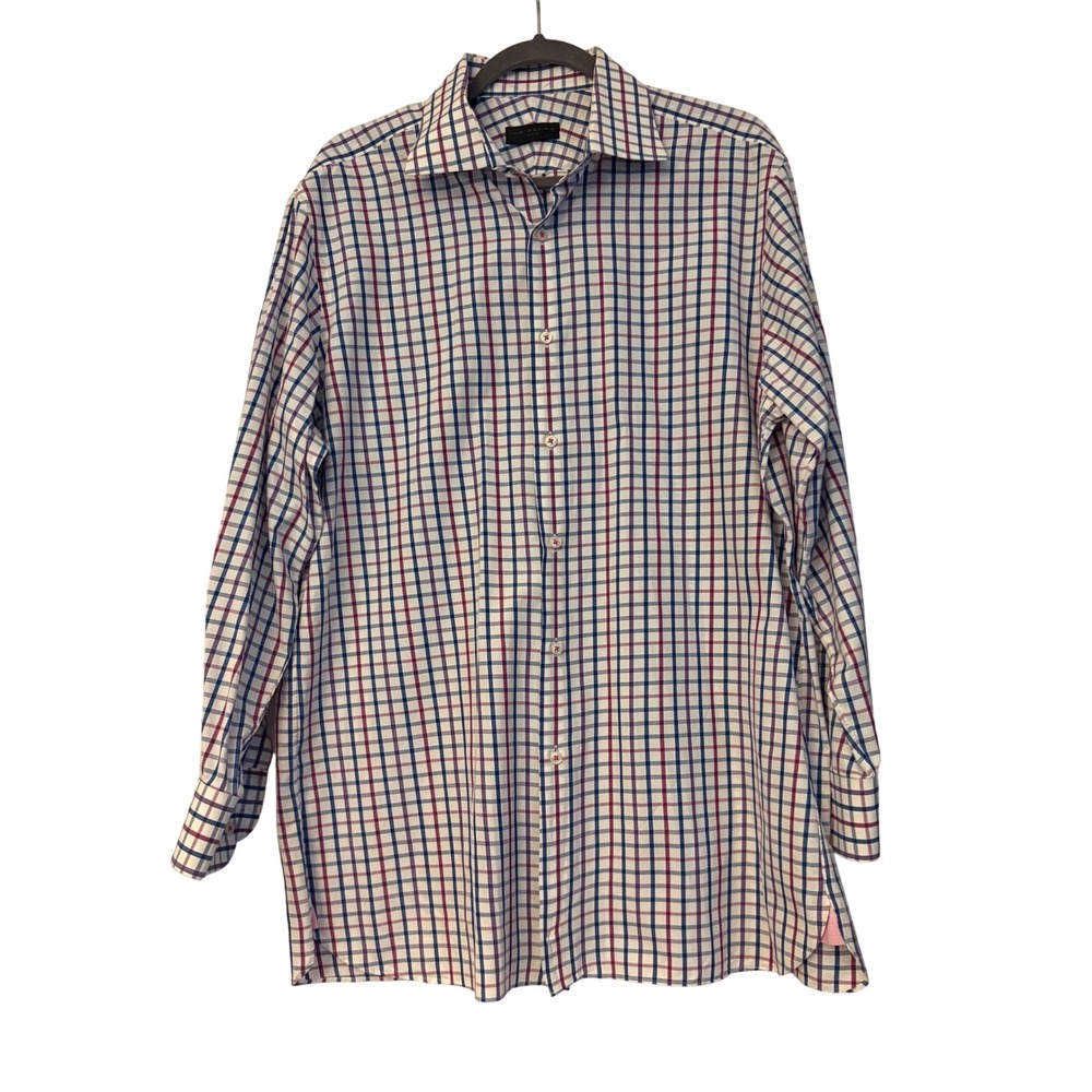 Ike Behar NYC Mens 16.5 32/33 Dress Shirt Blue Red Purple Plaid Cotton Button Up